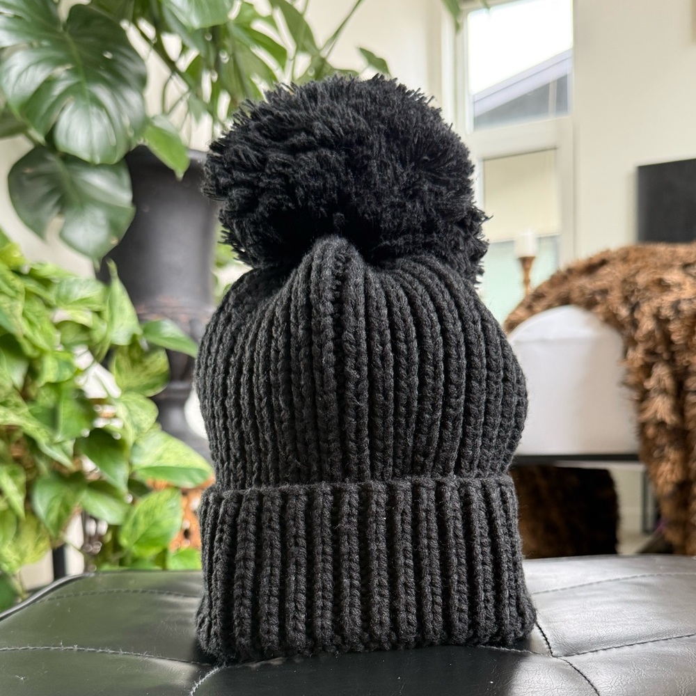 Anthropologie Black Knit Pom Beanie
